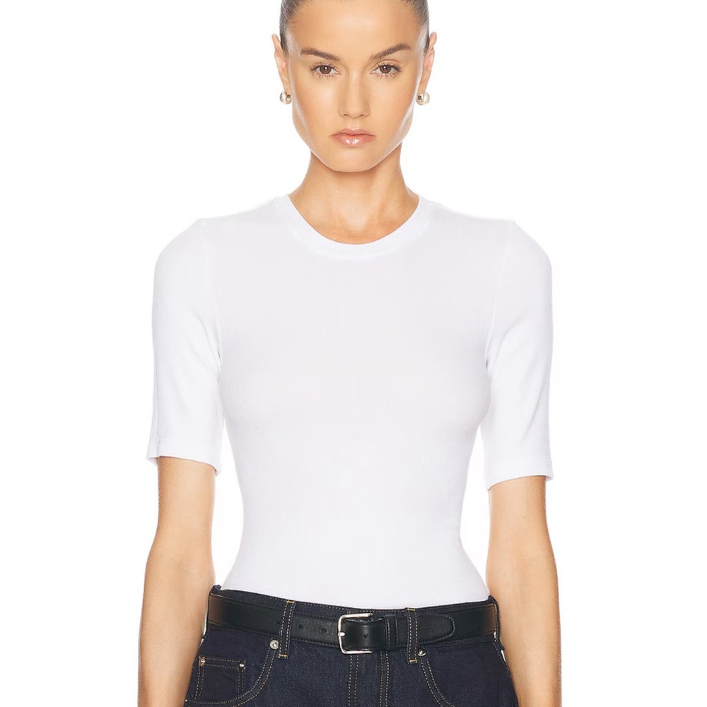 Enza Costa White Short-Sleeve Scoop Neck Ribbed Bodysuit